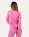 Pink compression leggings with high-waist; back waistband detail