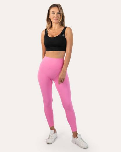 Pink compression leggings with high-waist; front view, squat-proof coverage