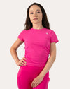 Hot pink women’s gym top, straight front view showing ribbed knit and ruched sides