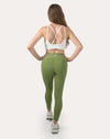 Sage green yoga leggings with V-shaped high waist; straight back view