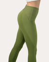 Sage green yoga leggings; back right three quarter close-up showing seam detail