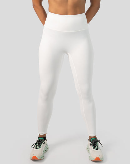 White gym leggings with high waist, ankle length; front view