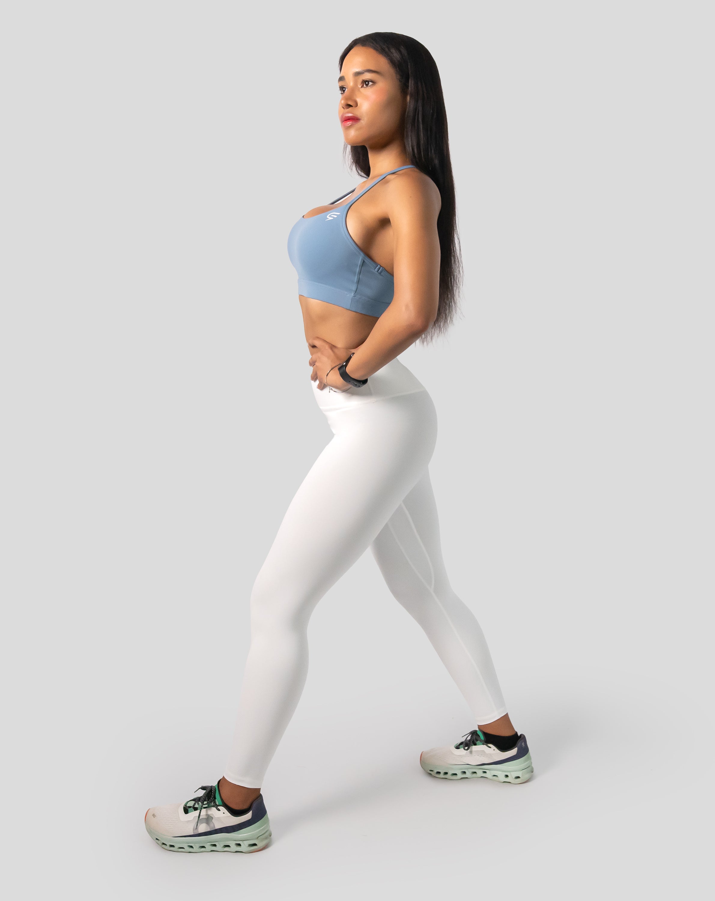 White gym leggings with high waist; right three quarter view