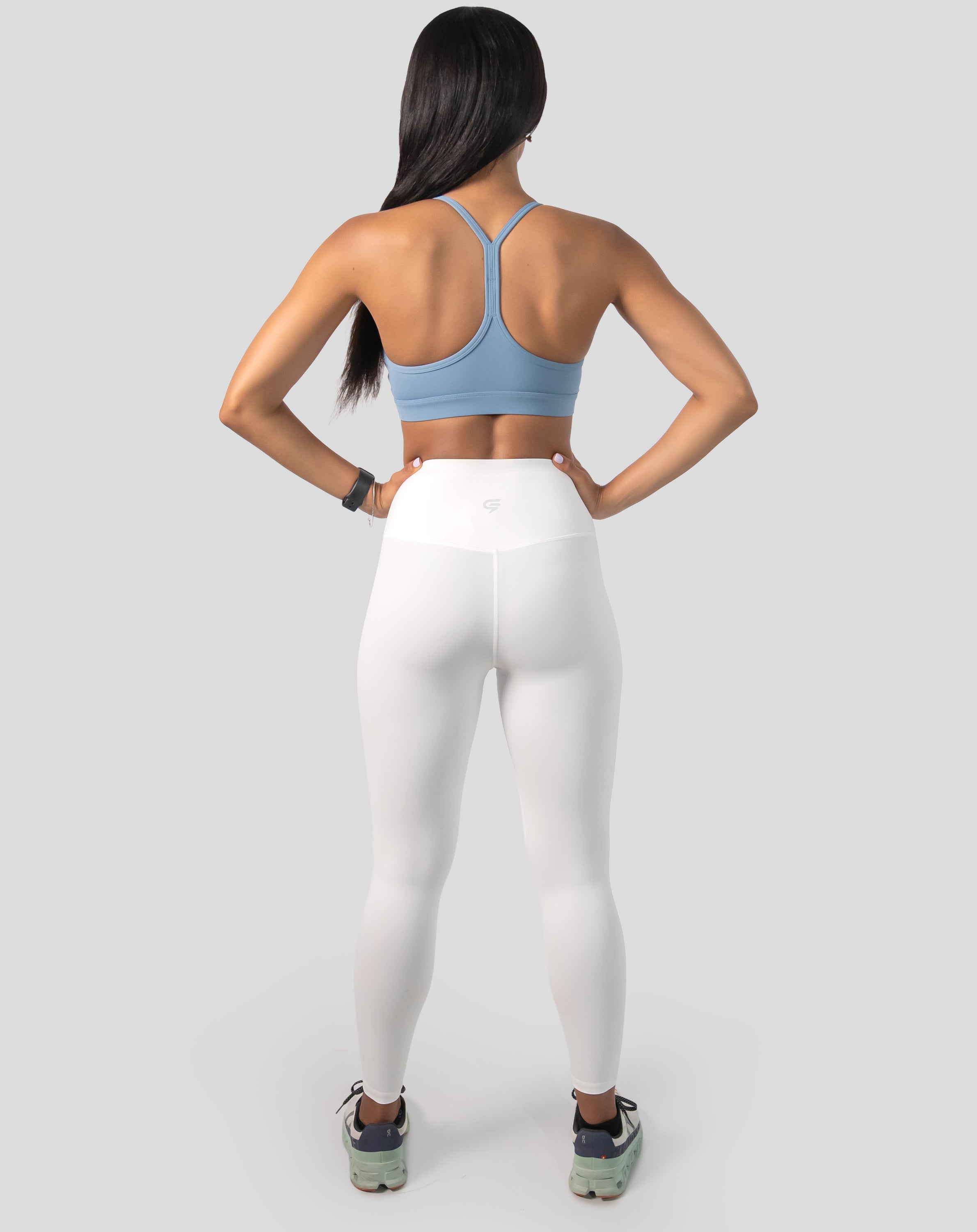 White gym leggings with high waist; back view with gusset seam, non-see-through coverage