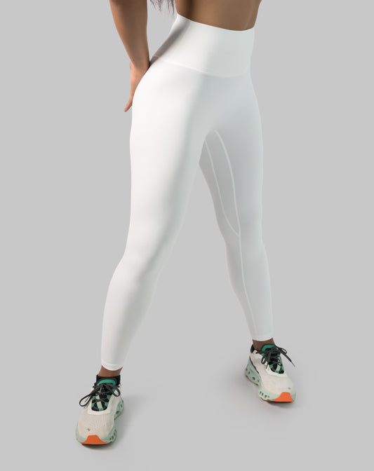 White gym leggings with high waist, squat-proof coverage; left three quarter view