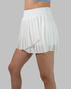 Back three-quarter view of white gym skirt with pleated wrap hem and A-line shape