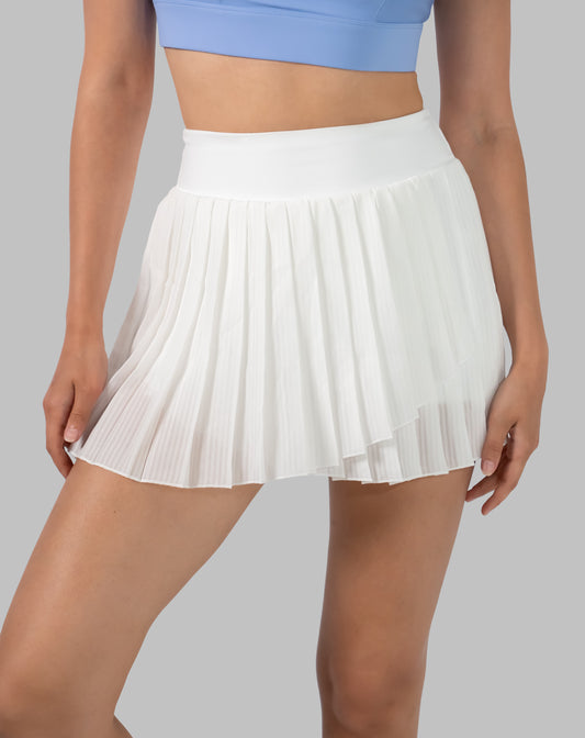Front close-up of white gym skirt with micro-pleated wrap and high-rise waistband