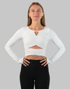 White gym top, front full length with square neckline, ruched center and front cut-out