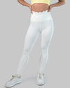 White leggings with high waisted scallop waistband, ankle length; front view