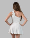 Back view of white sports bra with asymmetric one-shoulder strap and smooth back