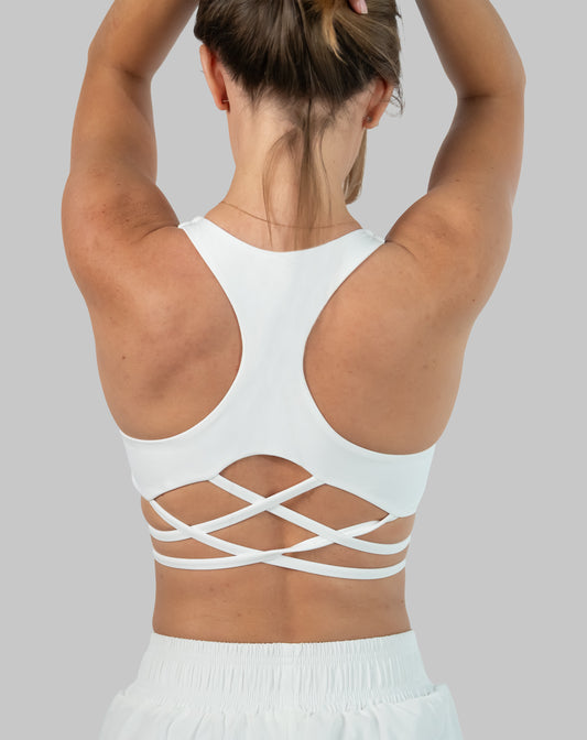 Back close-up of white strappy back sports bra showing lattice cross-back straps