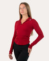 Crimson running jacket for women, full zip-up with stand collar, front right three-quarter view