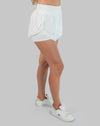 Women’s gym set shorts, white side view showing split hem and liner