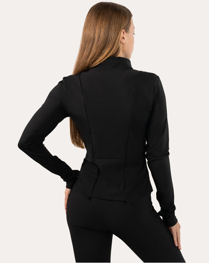 Women’s black gym jacket, straight back view with curved seams and hem
