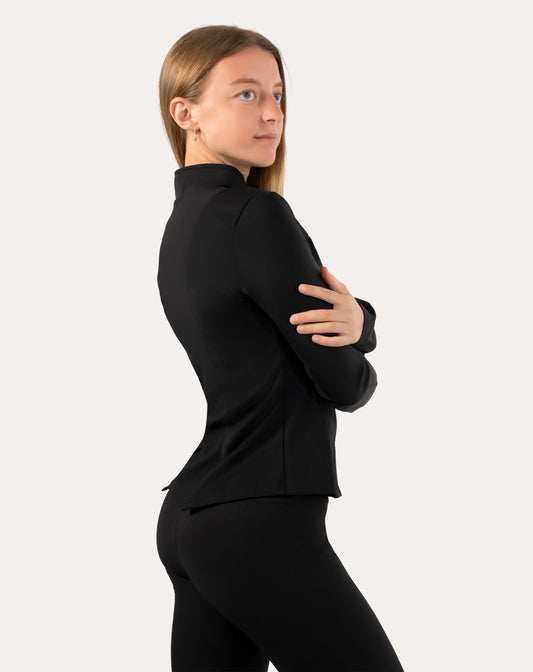 Women’s black gym jacket, back-left three-quarter view showing the contoured back
