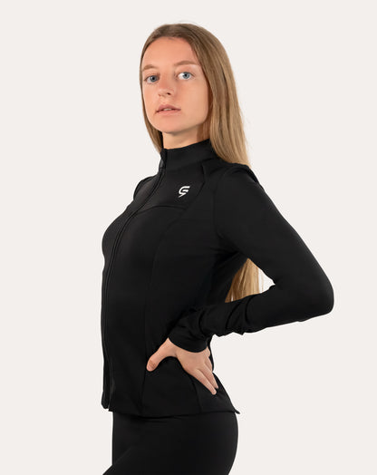 Women’s black gym jacket, front view zipped with small chest logo