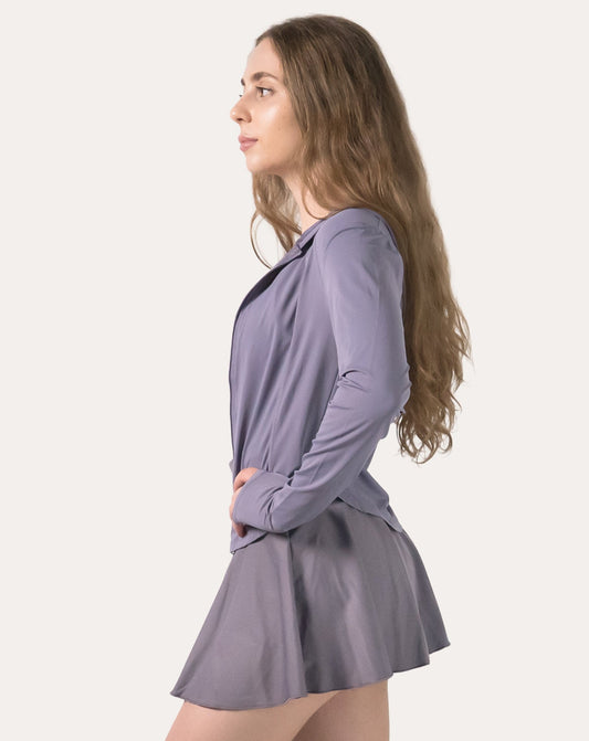 Lavender women’s fitness jacket, left side view with hands in pockets