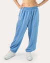 Sky-blue women’s gym joggers, front view with high waist and cuffed ankles