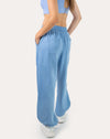 Sky-blue women’s gym joggers, left side detail showing deep pocket and drawcord waistband