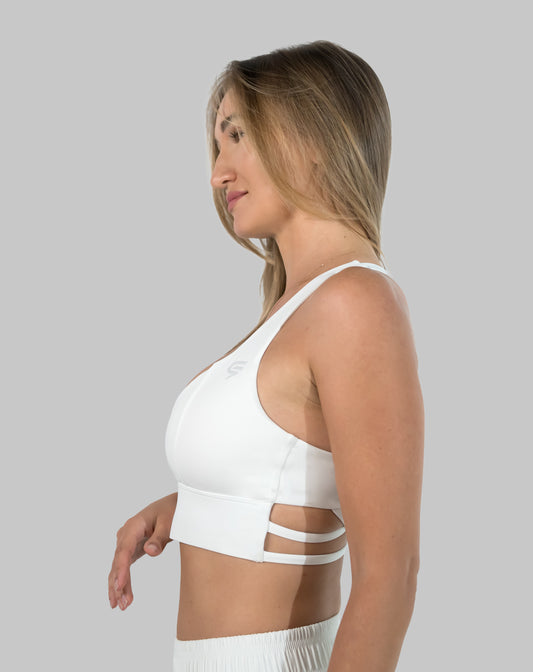 Women’s gym set, strappy-back bra in white, side profile view