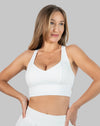 Women’s gym set, white longline bra front view with breathable support