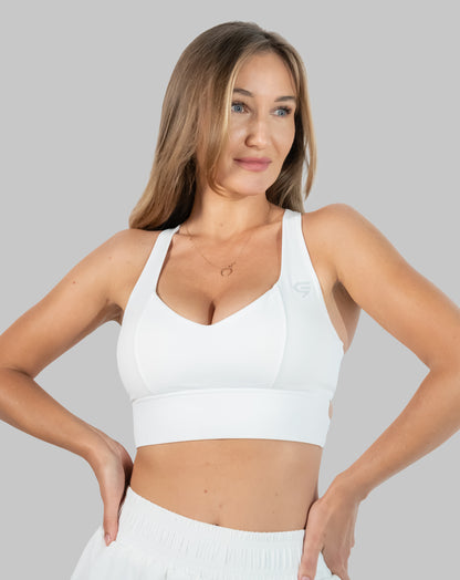 Women’s gym set, white longline bra front view with breathable support