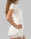 Women's gym set, white; close-up of smooth waistband and split short hem
