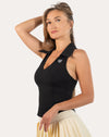 Black womens gym tank top, three-quarter front close-up with collared V-neck