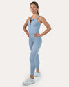 Sky blue women’s jumpsuit, full-length right three-quarter stance