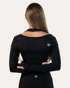 Back view of black long sleeve gym top womens with cropped hem and smooth finish