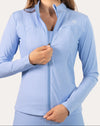 Front view of the powder blue women’s running jacket with the zip-front visible