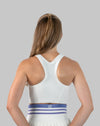 Women’s tennis skirt set, three-quarter back showing racerback and striped waistband